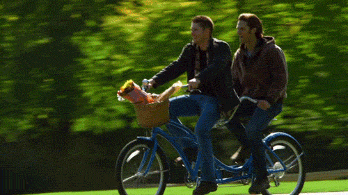 Cena da série Supernatural em que os irmãos Winchester estão numa bicicleta de dois lugares. Pedalam animados, Dean na frente e Sam atrás. Sam ergue os braços e grita. Na frente da bicicleta, há um cesto com flores. 